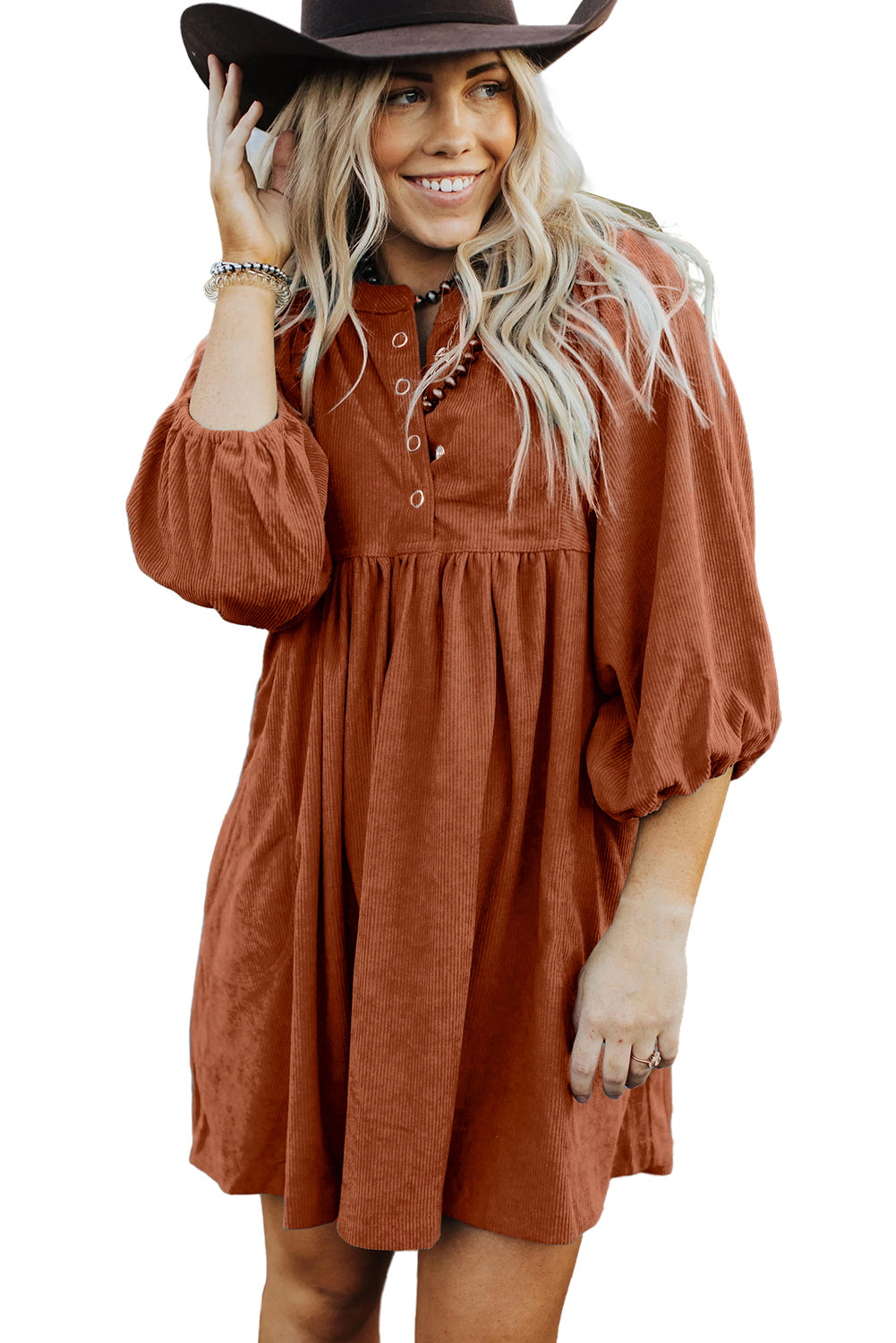 Brown Corduroy Snap Buttons Empire Waist Bracelet Sleeve Dress