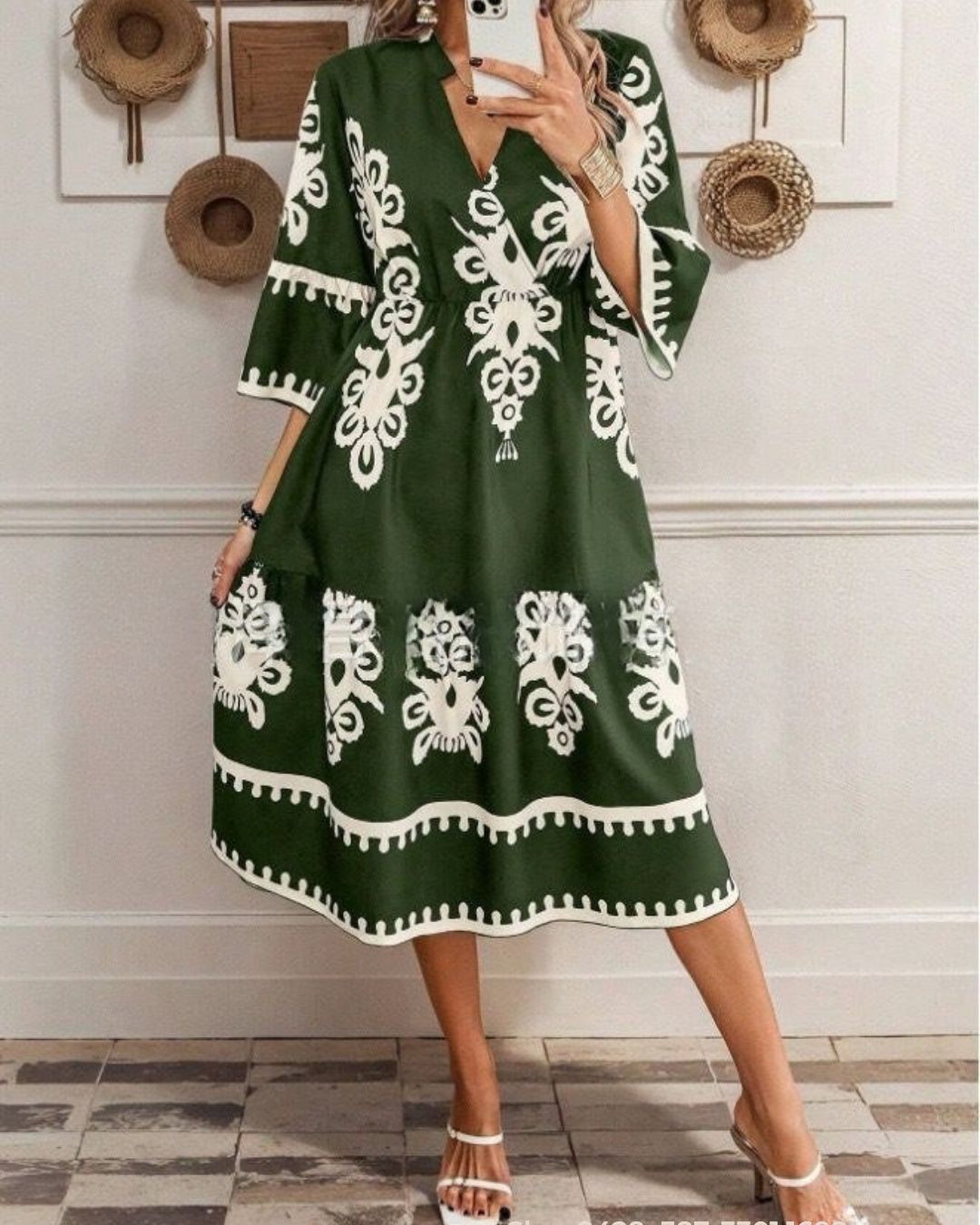 Western Geometric Print 3/4 Sleeve Loose Midi Dress