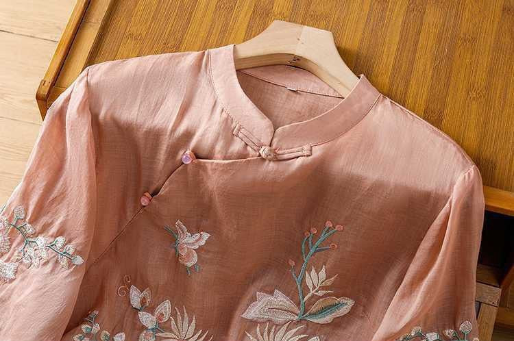 Elegant Floral Embroidered Mandarin Collar Top