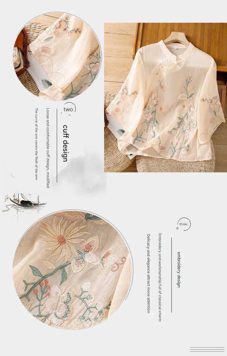 Elegant Floral Embroidered Mandarin Collar Top
