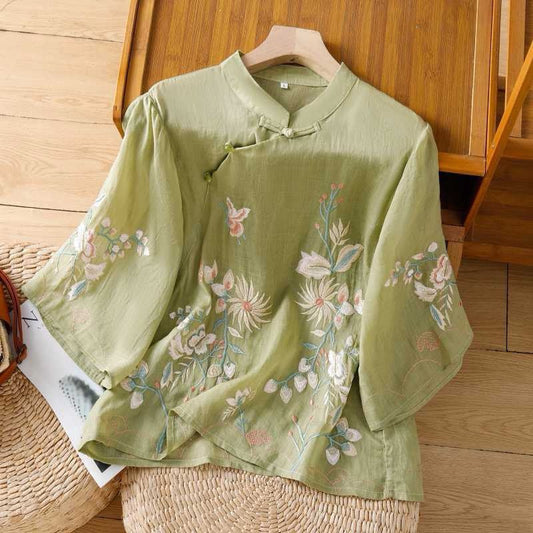 Elegant Floral Embroidered Mandarin Collar Top