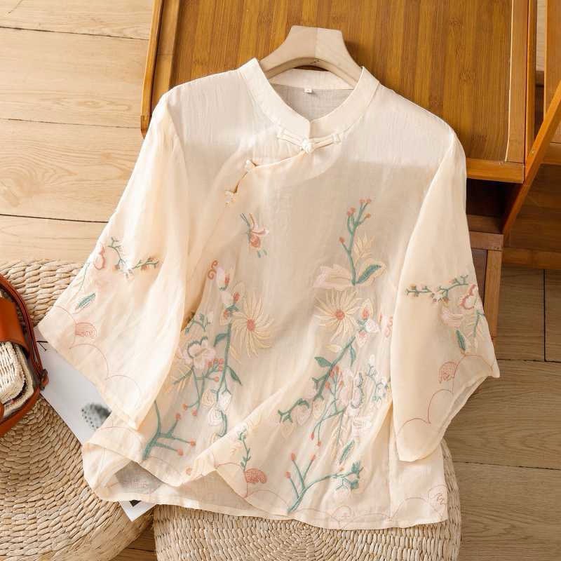 Elegant Floral Embroidered Mandarin Collar Top