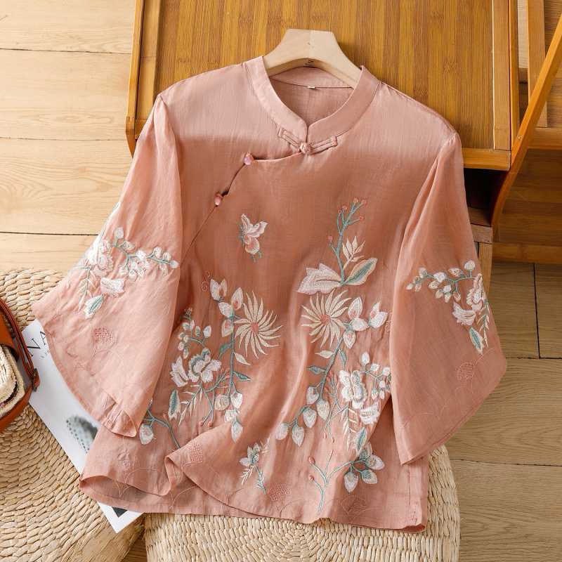 Elegant Floral Embroidered Mandarin Collar Top