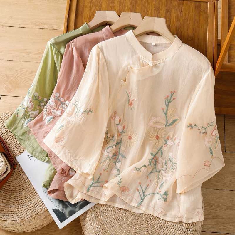 Elegant Floral Embroidered Mandarin Collar Top