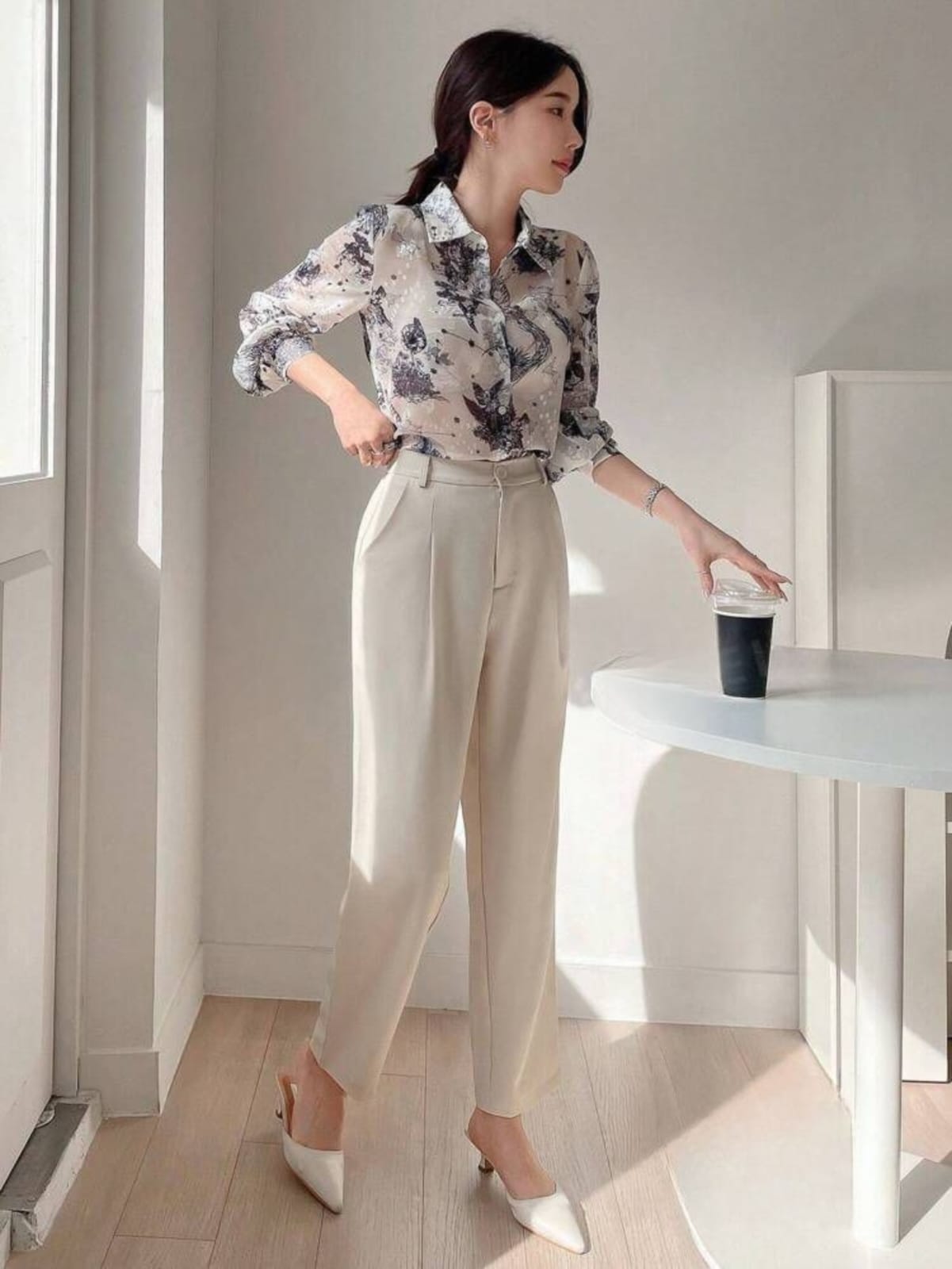 Beige High-Rise Front-Pleated Pants