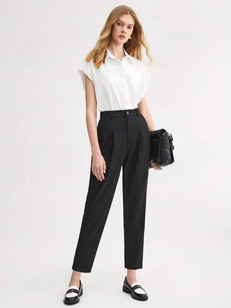 Black High-Rise Front-Pleated Pants