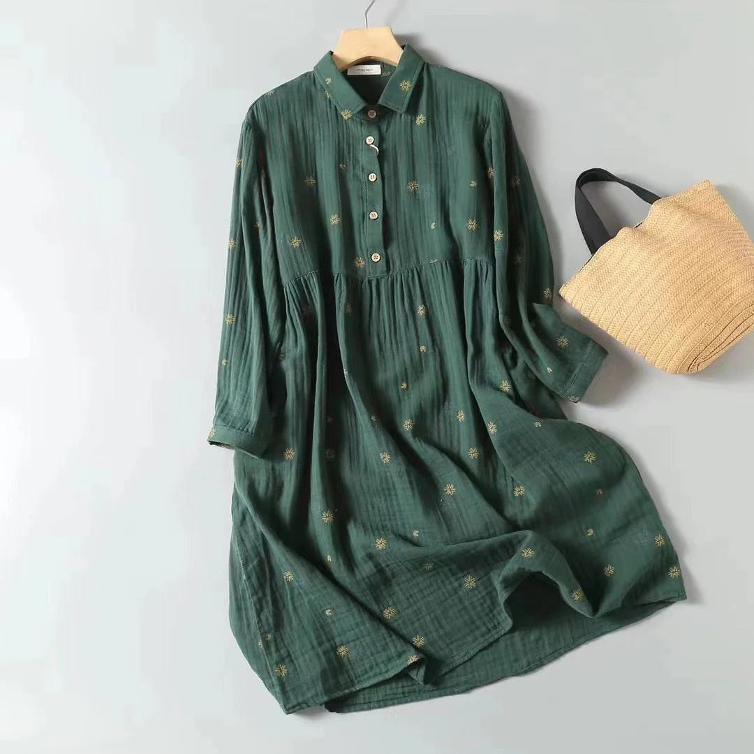 Graceful Pure Cotton Lantern Sleeve Midi Dress