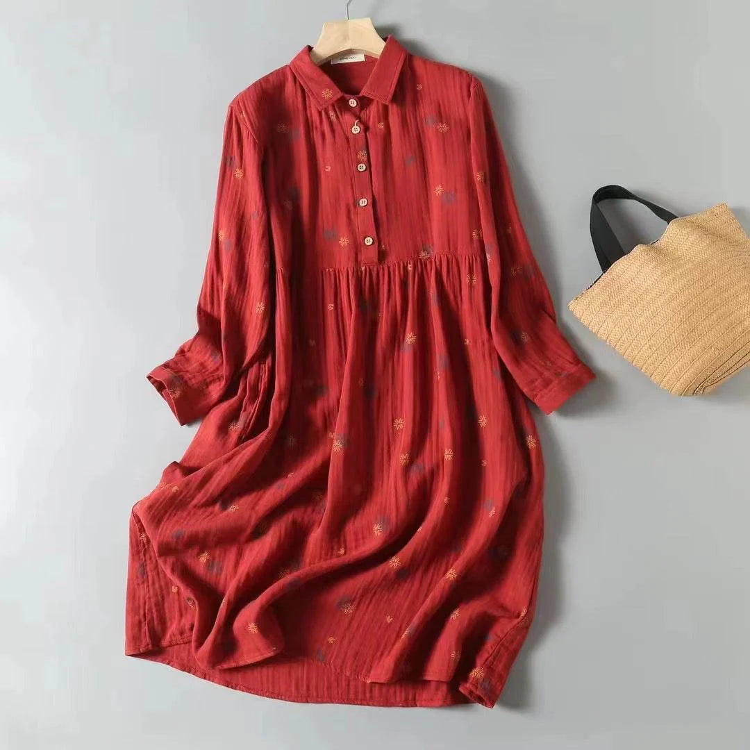 Graceful Pure Cotton Lantern Sleeve Midi Dress