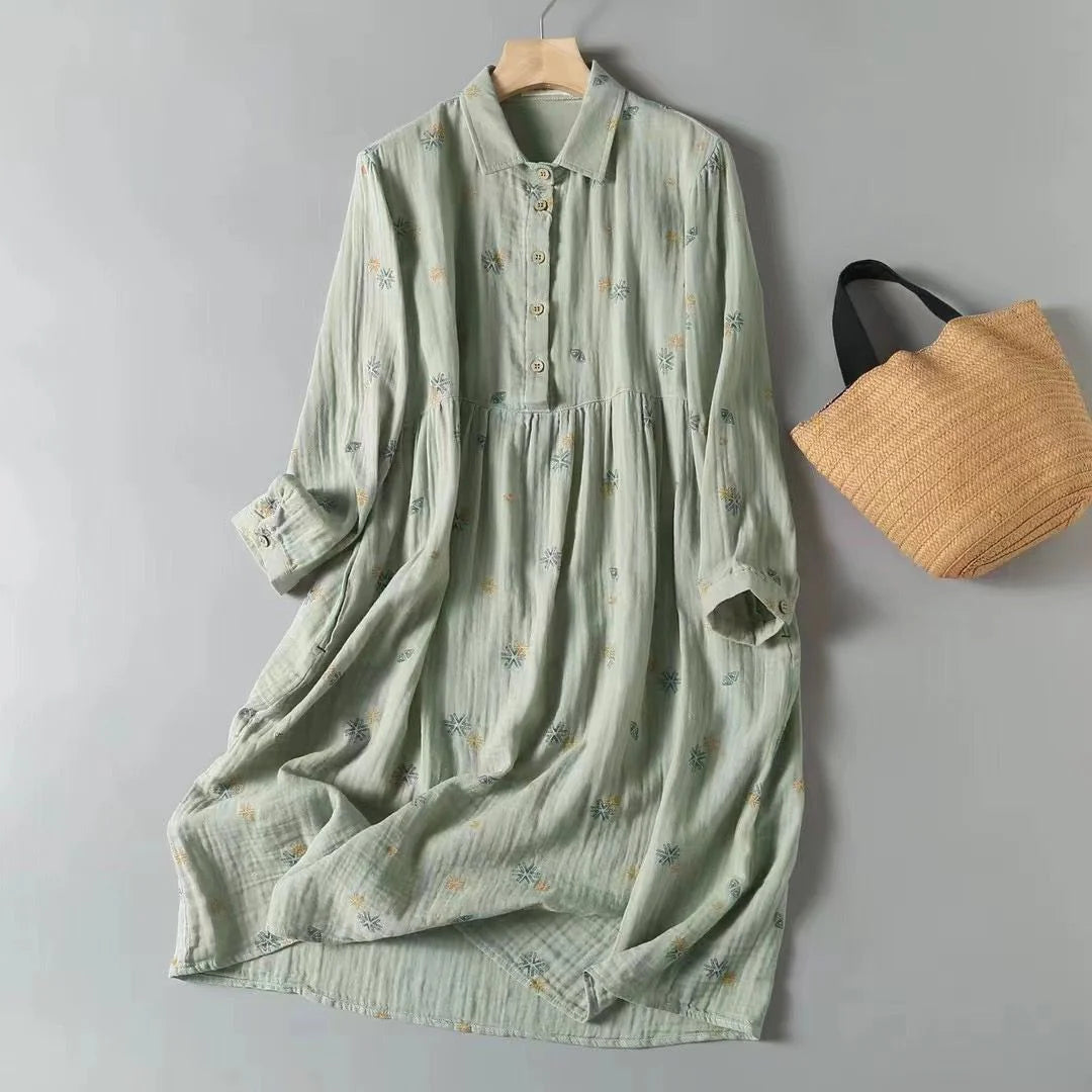 Graceful Pure Cotton Lantern Sleeve Midi Dress