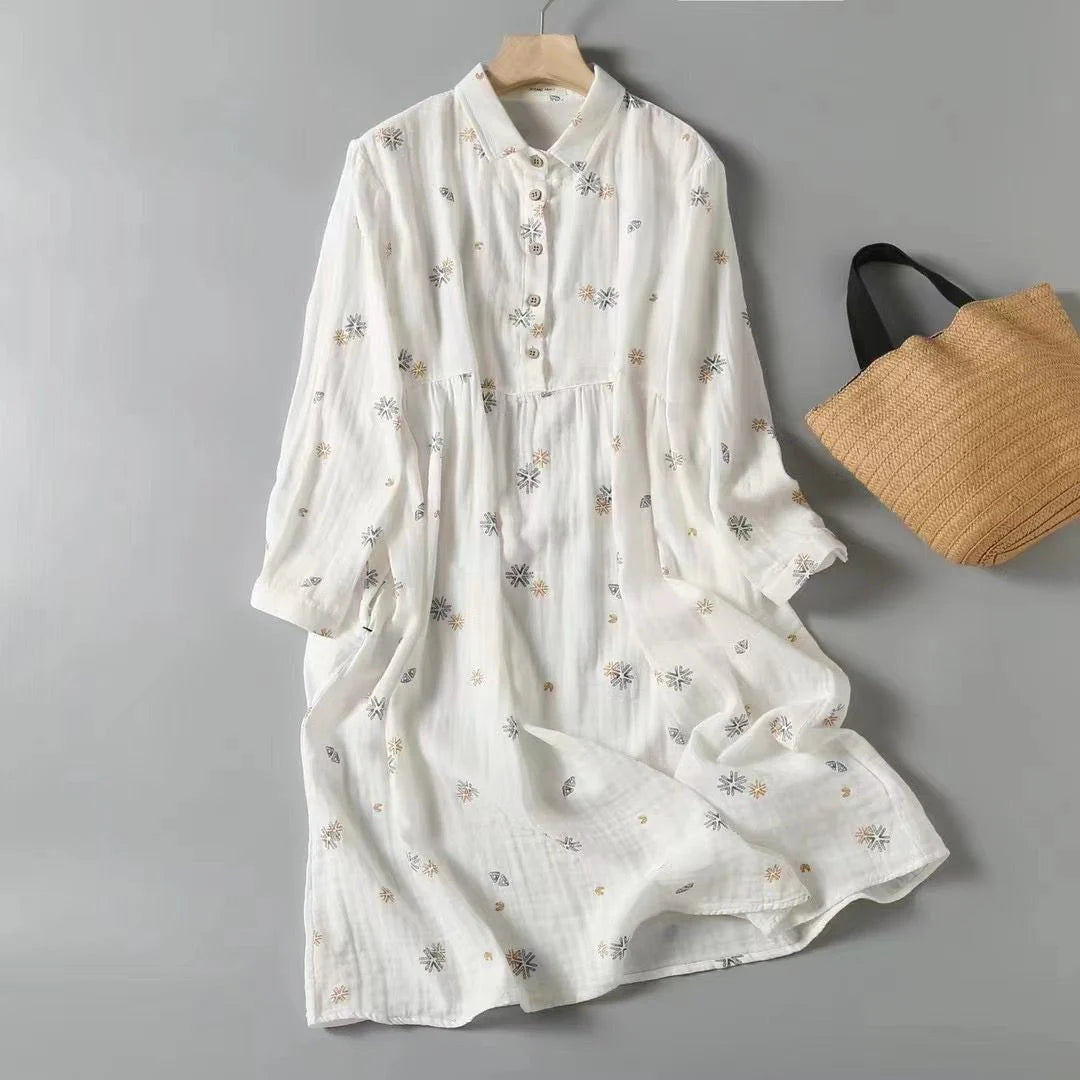 Graceful Pure Cotton Lantern Sleeve Midi Dress