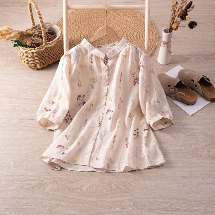 Pure Cotton Shirt With Elegant Foral and Leaf Embroderied