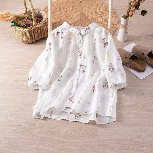Pure Cotton Shirt With Elegant Foral and Leaf Embroderied