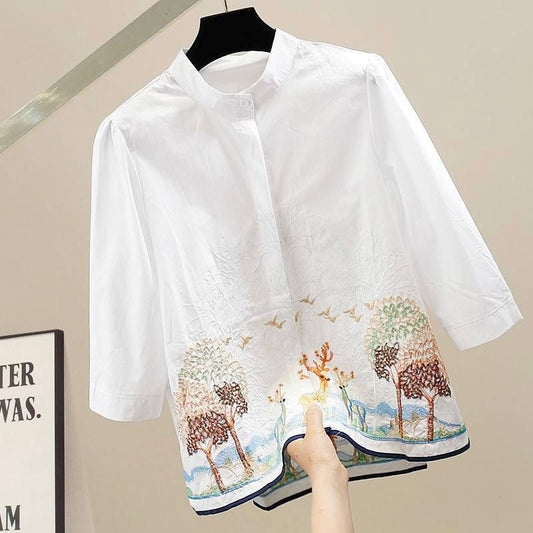 Embroidered Forest-Inspired Cotton White Shirt - The Sheen