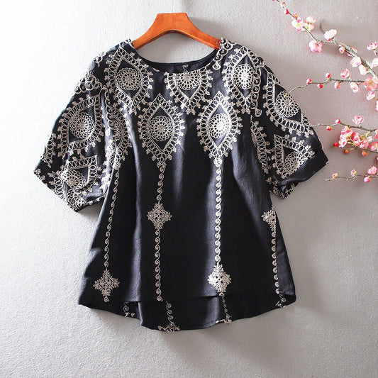 Boho Embroidered Linen Cotton Top