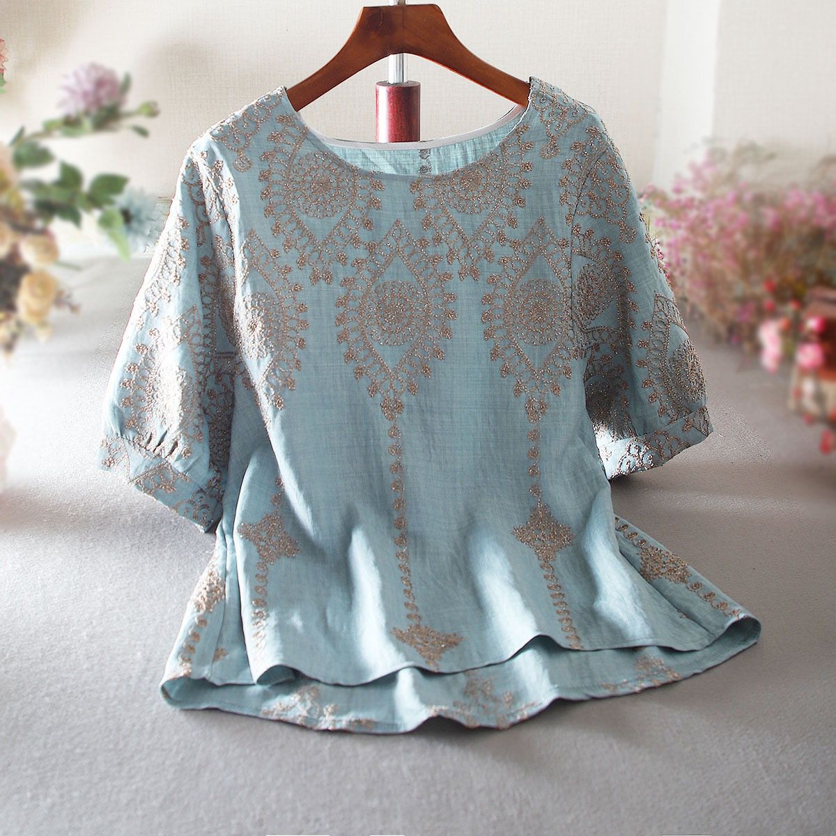 Boho Embroidered Linen Cotton Top