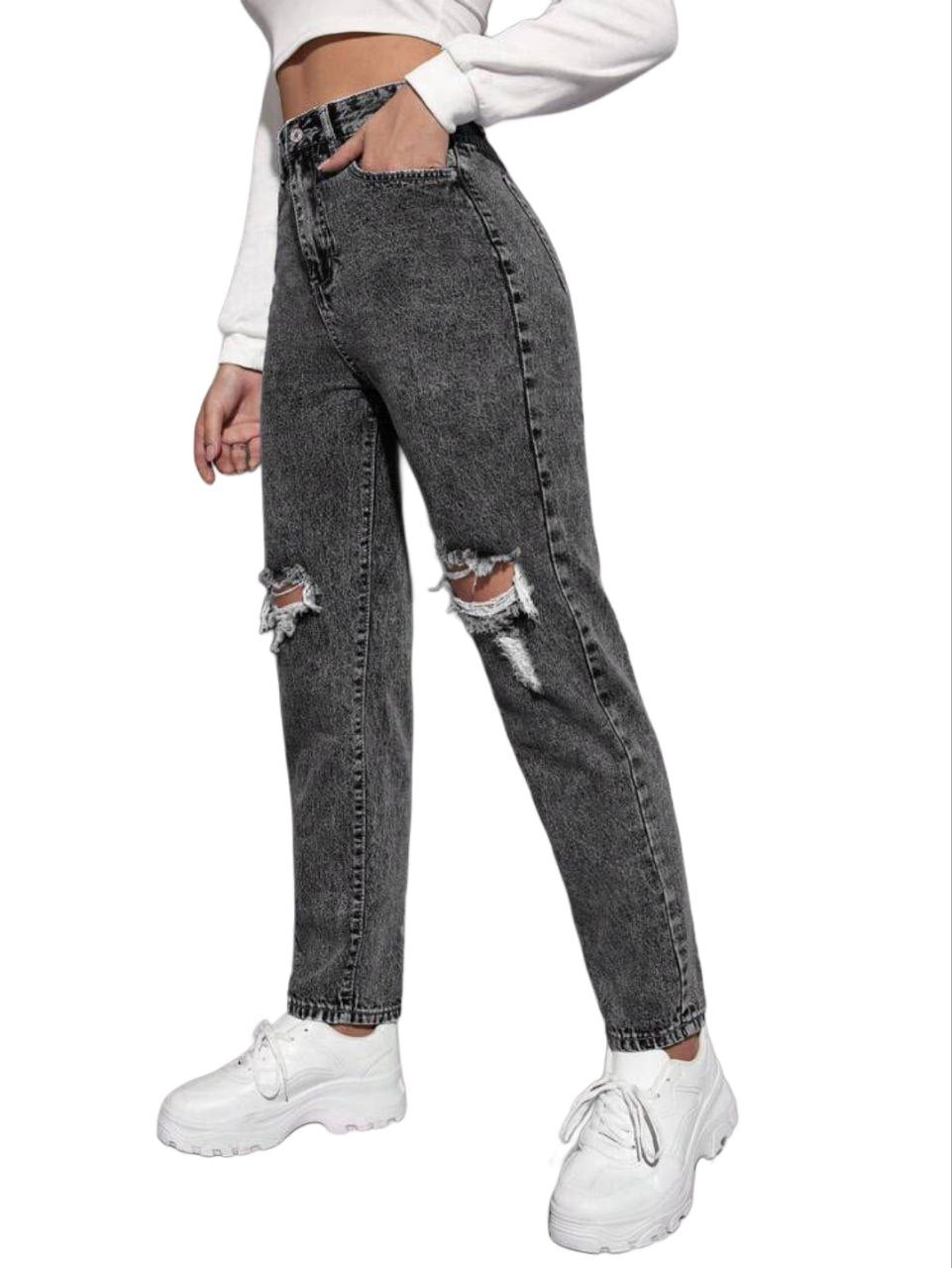 DENIM MOM FIT RIPPED JEANS