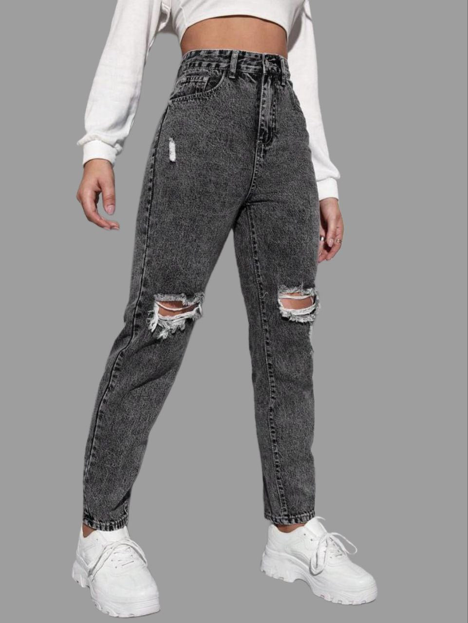 DENIM MOM FIT RIPPED JEANS