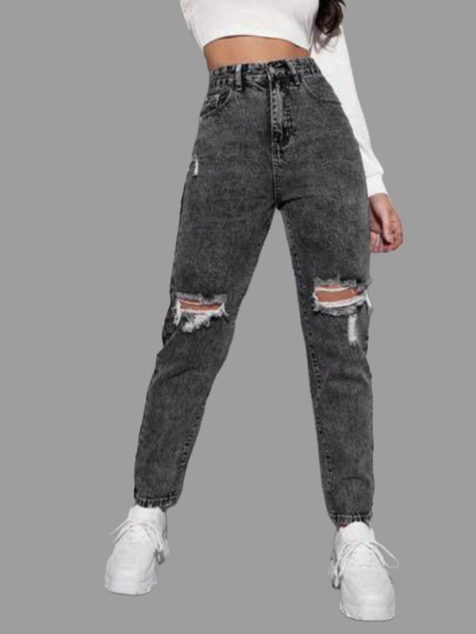 DENIM MOM FIT RIPPED JEANS