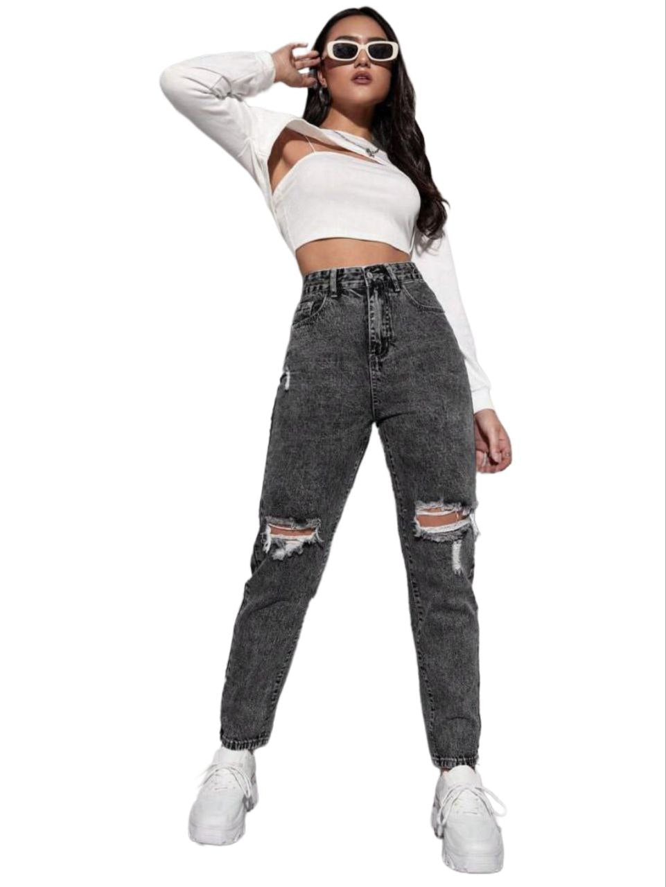 DENIM MOM FIT RIPPED JEANS
