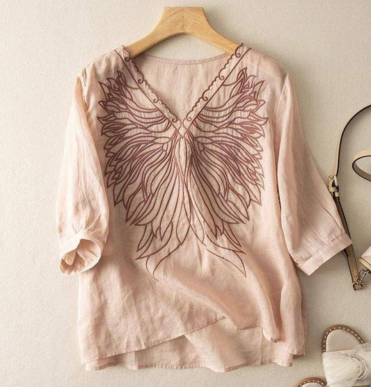 Stylish Pure Cotton V-Neck Embellished Embroidered  Peach Top - The Sheen