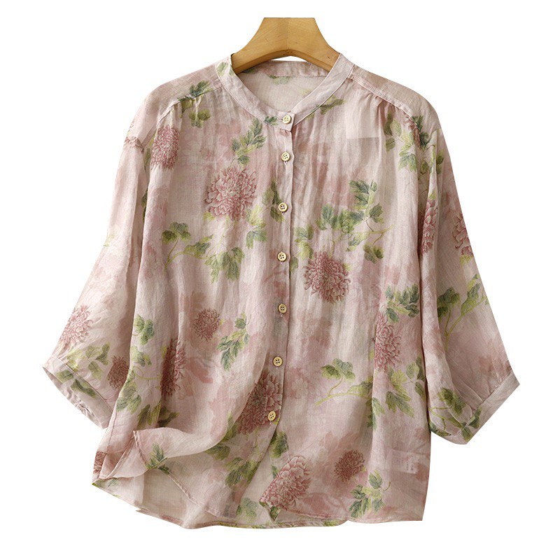 Chic Mandarin Collar Floral Print Shirt