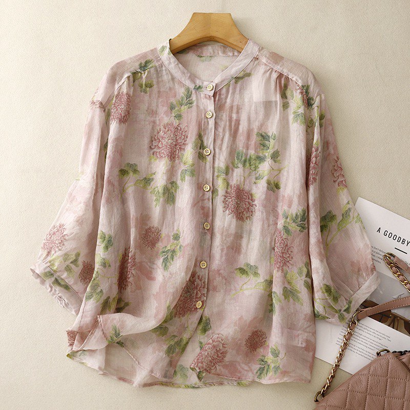 Chic Mandarin Collar Floral Print Shirt