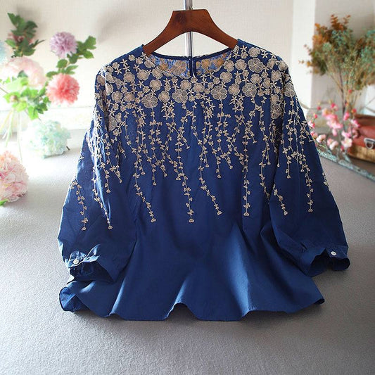 Floral Flow Embroidered Blue Top - The Sheen