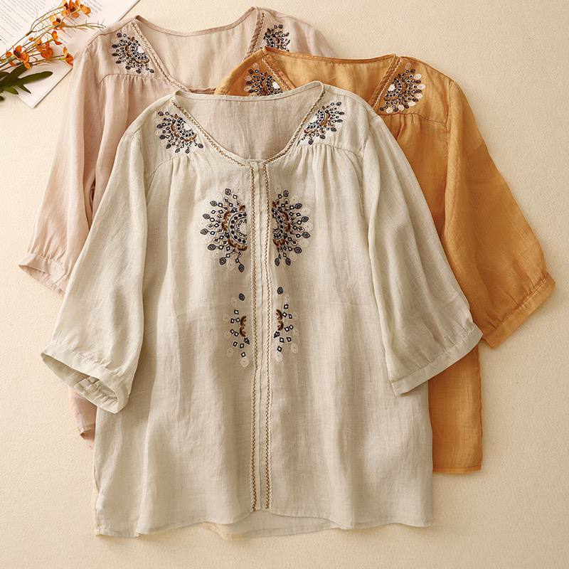 Pure Cotton-Linen Shirt With Bohemian Embroidered
