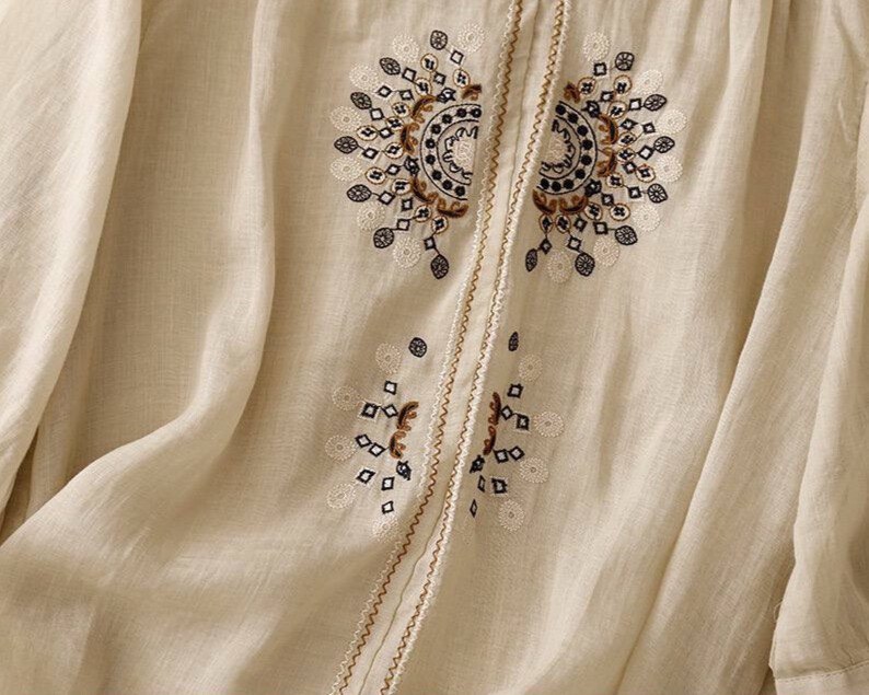 Pure Cotton-Linen Shirt With Bohemian Embroidered