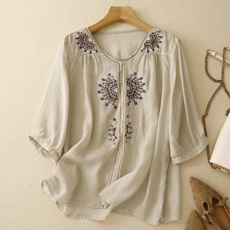 Pure Cotton-Linen Shirt With Bohemian Embroidered