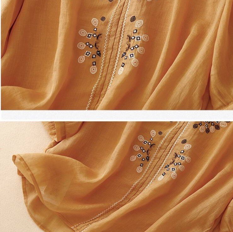 Pure Cotton-Linen Shirt With Bohemian Embroidered