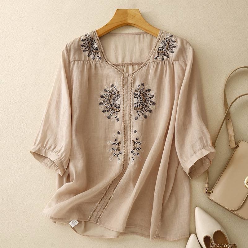 Pure Cotton-Linen Shirt With Bohemian Embroidered
