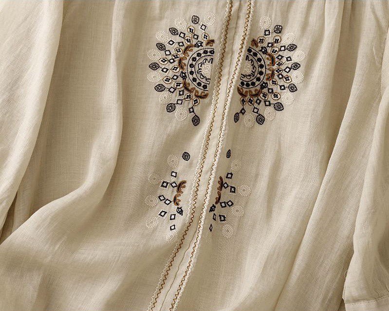 Pure Cotton-Linen Shirt With Bohemian Embroidered