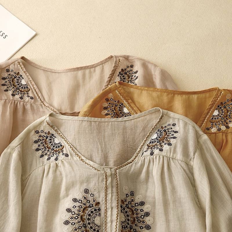 Pure Cotton-Linen Shirt With Bohemian Embroidered