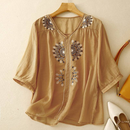 Pure Cotton-Linen Shirt With Bohemian Embroidered