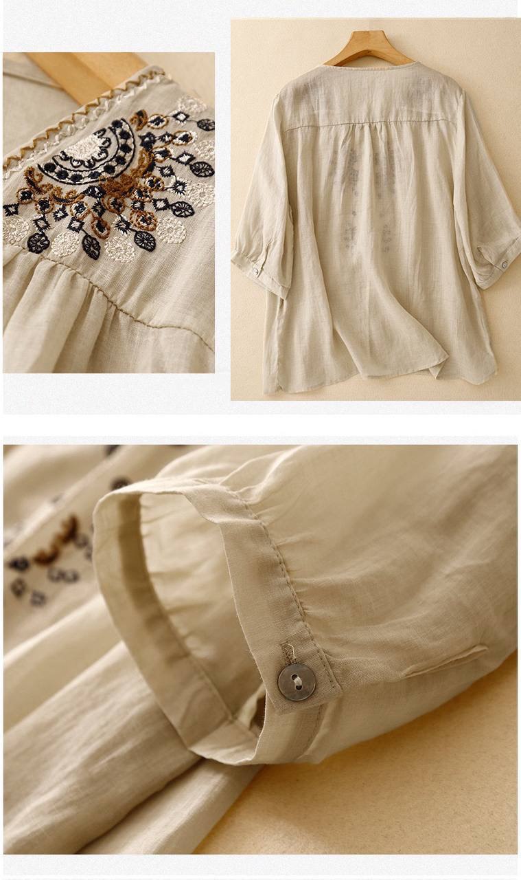 Pure Cotton-Linen Shirt With Bohemian Embroidered