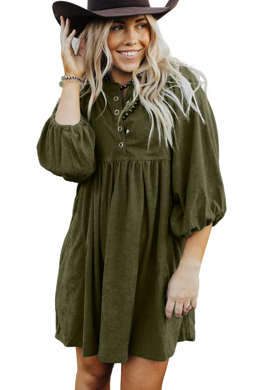 Green Corduroy Snap Buttons Empire Waist Bracelet Sleeve Dress