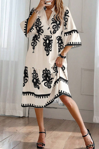 Beige Western Geometric Print 3/4 Sleeve Loose Midi Dress