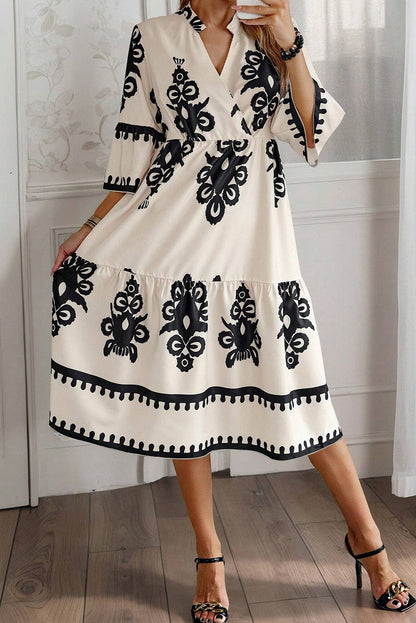 Beige Western Geometric Print 3/4 Sleeve Loose Midi Dress