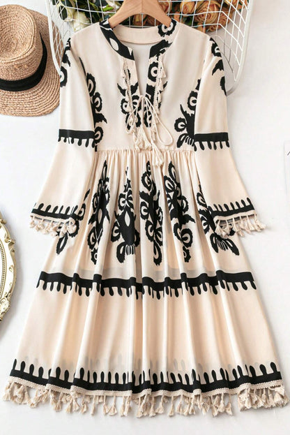 Beige Western Pattern Print Tasseled Notch V Neck Mini Dress