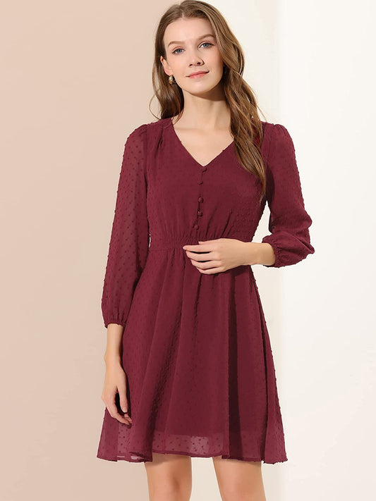 Maroon Fit & Flare V-Neck Georgette Dress