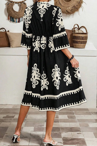 Black Western Geometric Print 3/4 Sleeve Loose Midi Dress