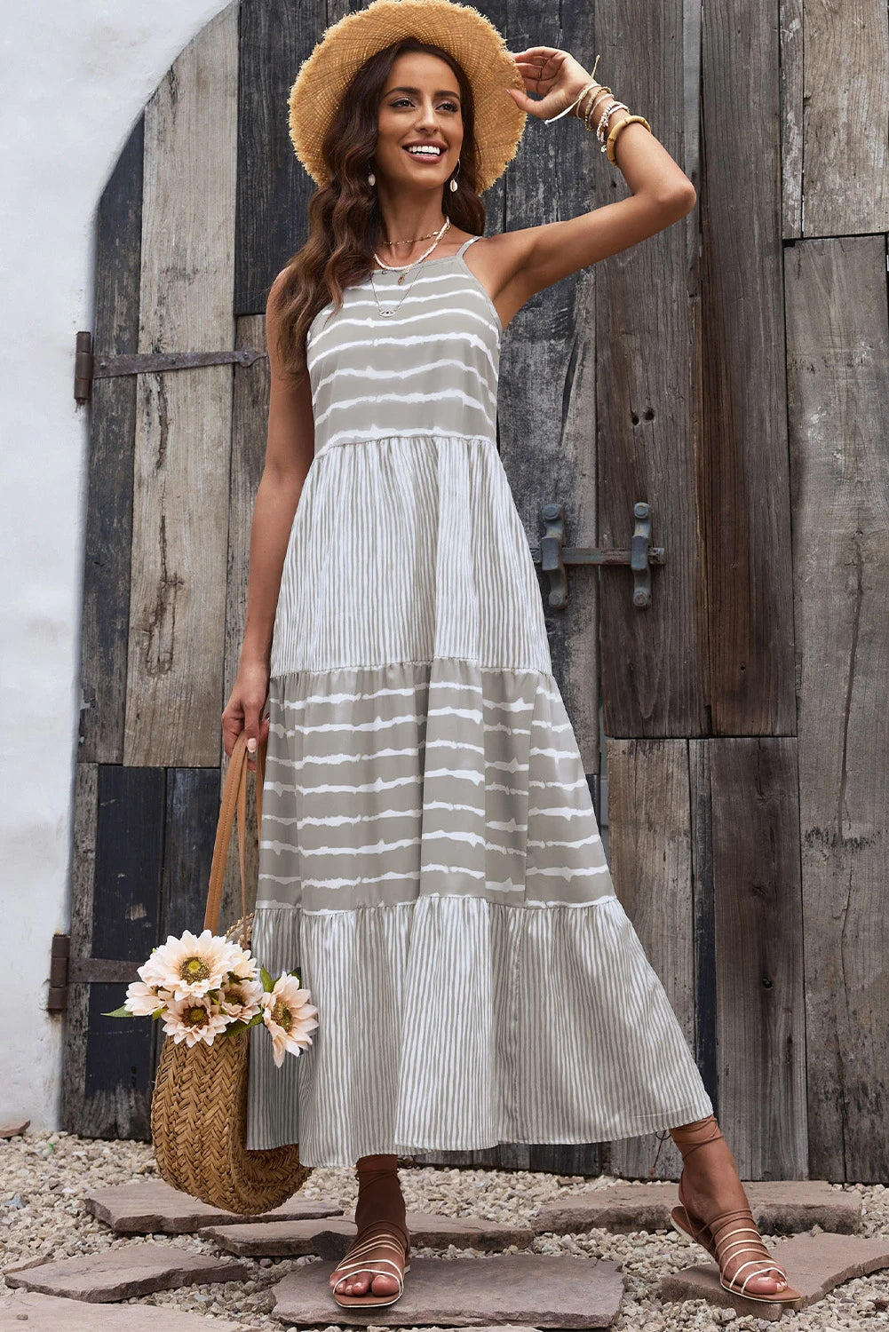 Grey Tie Dye Spaghetti Strap Summer Maxi Dress