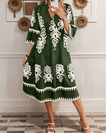 Western Geometric Print 3/4 Sleeve Loose Midi Dress