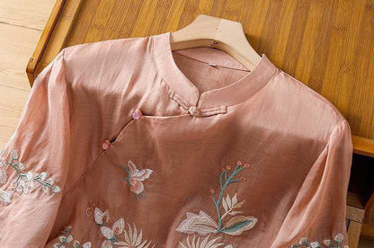 Elegant Floral Embroidered Mandarin Collar Top