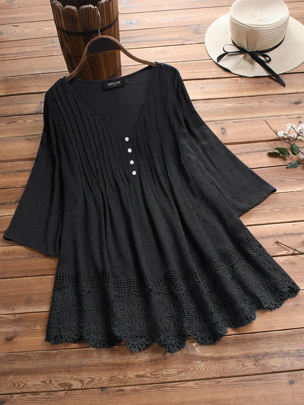 Vintage Style V-neck Button Down Pleated Top