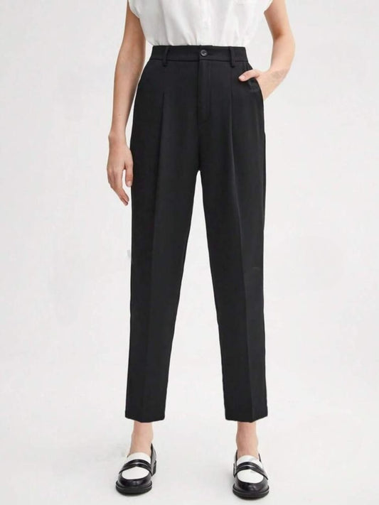 Black High-Rise Front-Pleated Pants