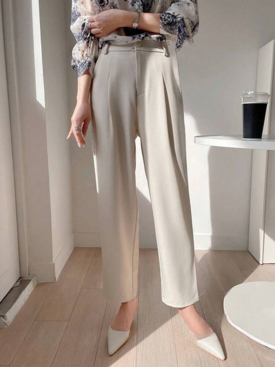 Beige High-Rise Front-Pleated Pants