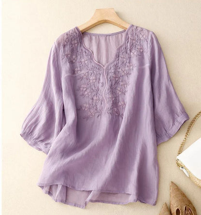Women's Cotton Linen V Neck Retro Embroidered comfort Casual Top