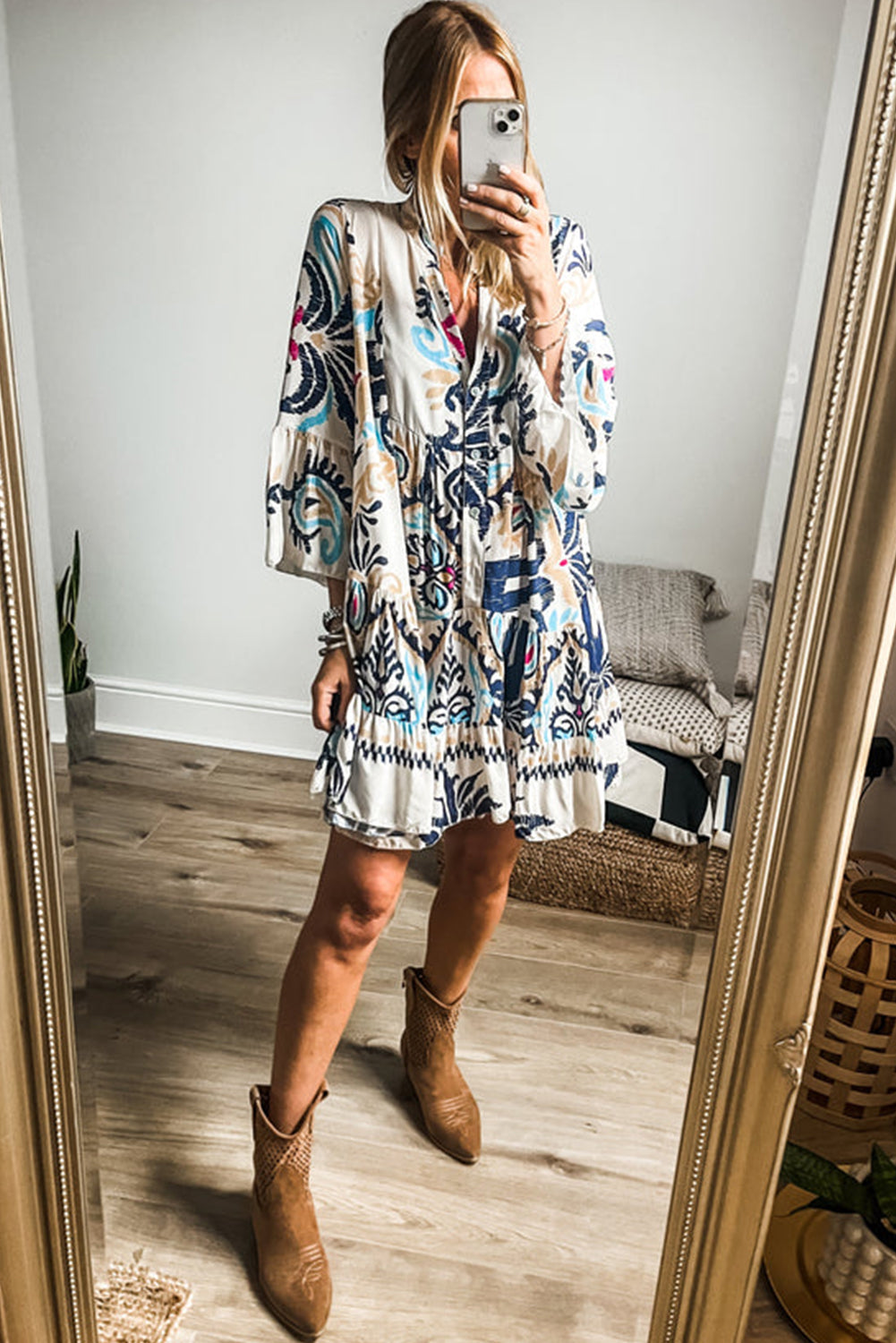 Tribal Print Bracelet Sleeve Buttoned Mini Dress